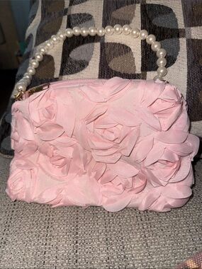 Pearl-Handle Pink Floral Appliqué Clutch